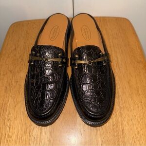 Women’s Talbots black leather crocodile slip on loafer mule buckle size 7.5 AA